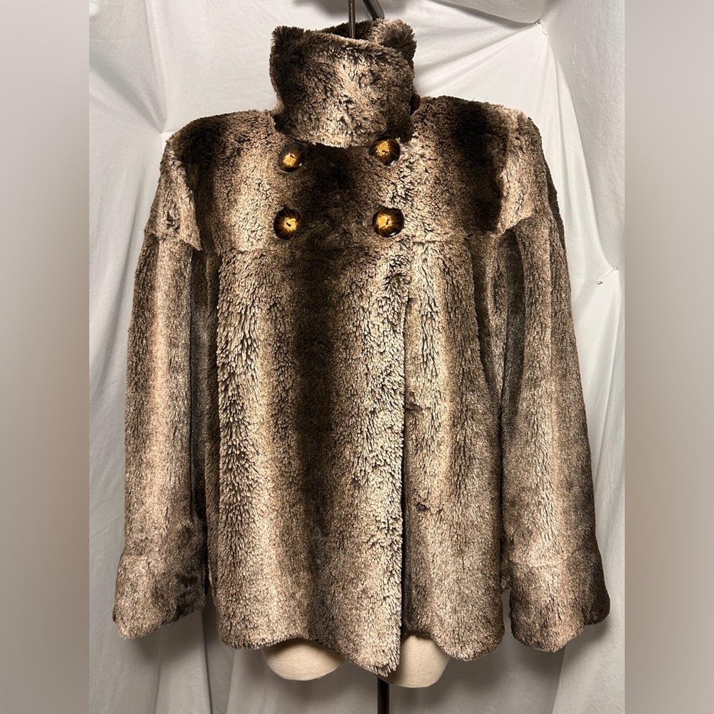 Du Monde Brown Faux Mink Fur Swing Coat Plush High Collar Jacket M